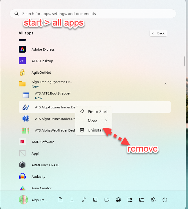 remove ats desktop apps from windows start menu > all apps