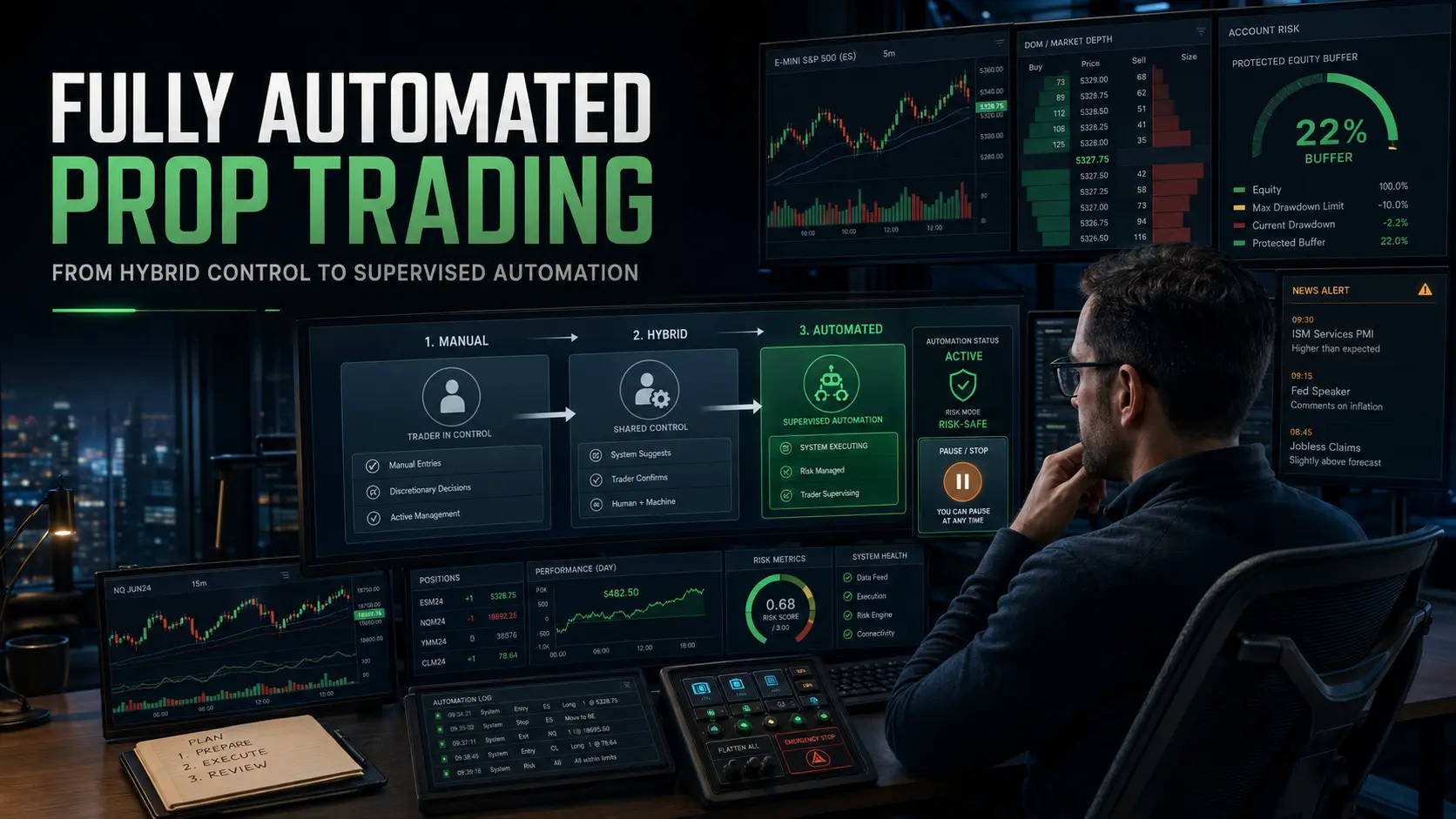 Fully automated prop-firm trading progressing from manual through hybrid control to supervised AFT automation